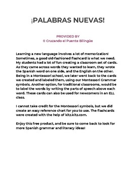 Preview of Palabras Nuevas (New Words) Flashcard and Grammar symbols