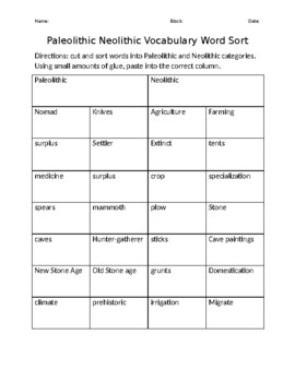 Preview of Paleolithic/ Neolithic Vocabulary Sort