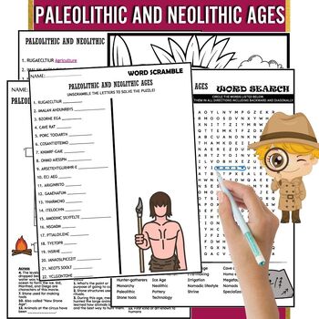 Preview of Paleolithic and Neolithic Ages Fun Worksheets - Puzzle-Wordsearch & Crossword...