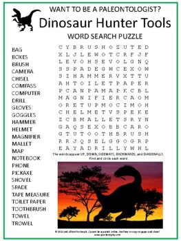Preview of Paleontologist Tools Word Search Puzzle Activity Worksheet Game | Dinosaur Fun