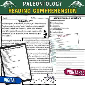 Preview of Paleontology Reading Comprehension Worksheets,Digital & Print Earth Science Unit