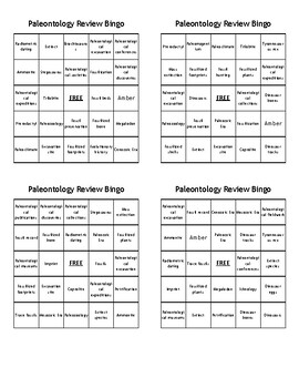 Preview of Paleontology Review Bingo - (100) Different Cards - Print, Cut, & Play!