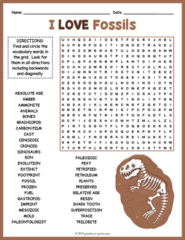 paleontology worksheet fossils word search fun by