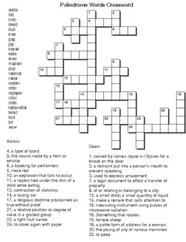 Palindrome Words Crossword by Northeast Education TPT