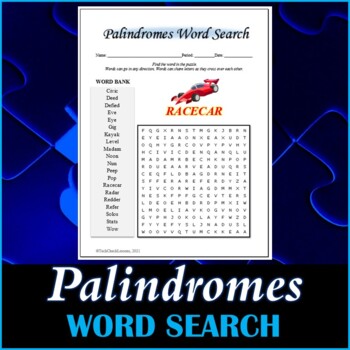 Palindromes Word Search Puzzle by TechCheck Lessons TPT