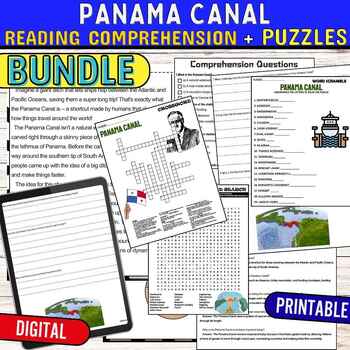 Preview of Panama Canal Fun Worksheets Reading Comprehension Puzzles,Digital & Print BUNDLE