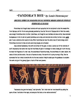 Preview of Pandora's Box Myth with Post Reading Questions and Key