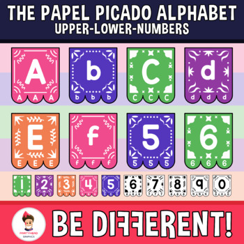 Preview of Papel Picado Alphabet Clipart Letters ENG.-SPAN. (Upper-Lower-Numb.)