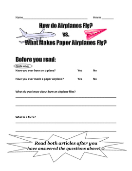 Preview of Paper Airplane v. Airplane Reading Worksheet