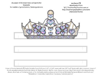 Preview of Paper Crown Hearts Printable Child Tiara Party Hat Favor Bold Silver White