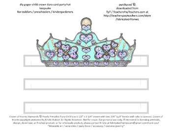 Preview of Paper Crown of Hearts Printable Child Tiara Party Hat Favor Silver Aqua Blue
