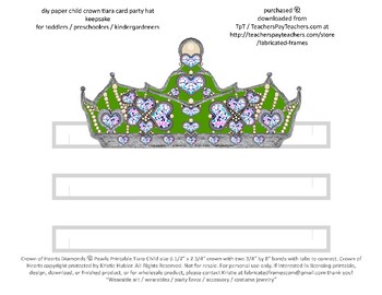 Preview of Paper Crown of Hearts Printable Child Tiara Party Hat Favor Silver Green