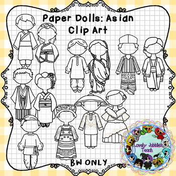 Preview of Paper Dolls Clip Art: Traditional Clothing of Asia (B&W ONLY)