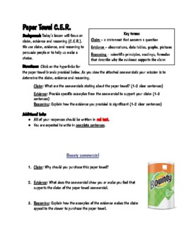 Preview of Paper Towel Commercial Analysis: Claim, Evidence, & Reasoning