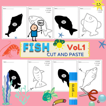 Preview of Paper game for kids. Create the applique cute Sea Fish Scissor Skills Worksheets