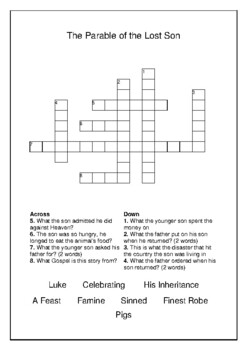 Parable of the Prodigal Lost Son Crossword Puzzle and Word Search
