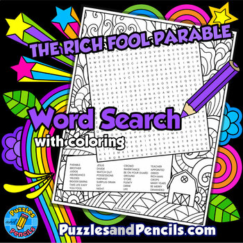 Preview of Parable of the Rich Fool Word Search Puzzle with Coloring | Parables of Jesus