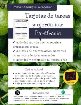 Preview of Paráfrasis en español-Spanish TWI/AP Differentiated Practice/Quiz & Task card