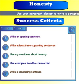Preview of Paragraph Planner  Theme Honesty Success Criteria Smartboard
