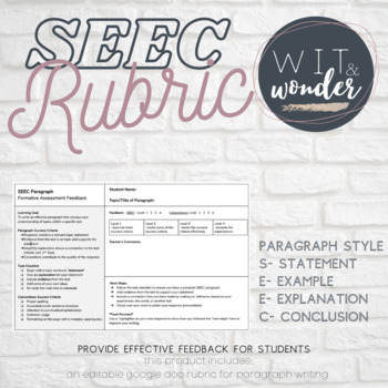Preview of Paragraph Writing Rubric