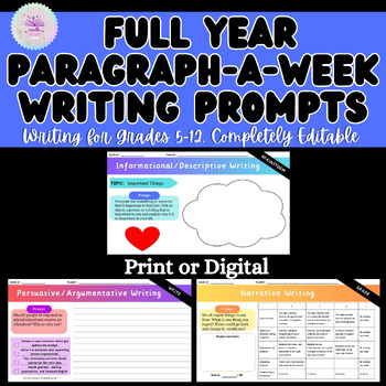 Preview of Paragraph a Week Prompts | Descriptive, Persuasive, Narrative | Entire Year