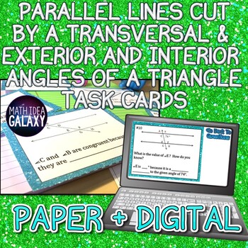 Preview of Parallel Lines, Transversals & Angles of Triangle Task Cards Printable + Digital