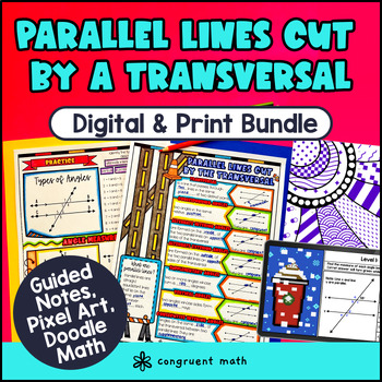 Preview of Parallel Lines Cut by a Transversal | Guided Notes, Pixel Art, Doodle Worksheets