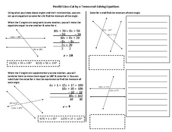Preview of Parallel Lines Cut by a Transversal Solving Equations Notes & GP