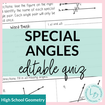 Preview of Parallel Lines Cut by a Transversal (Special Angle Pairs) Quiz