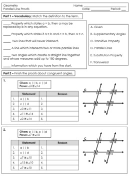 Preview of Parallel Lines & Transversals Proofs Worksheet