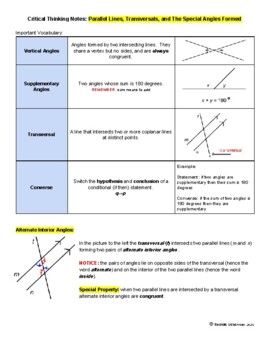 Preview of Critical Thinking: Parallel Lines, Transversals, and The Special Angles Formed