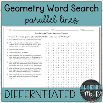 Preview of Parallel Lines and Transversals Geometry Vocabulary Word Search