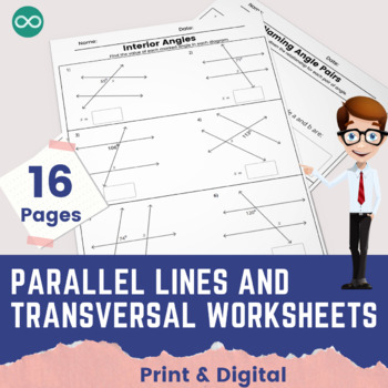 Preview of Parallel Lines and Transversals Worksheets for 7th to 8th Grade CCSS 6.G.A.4