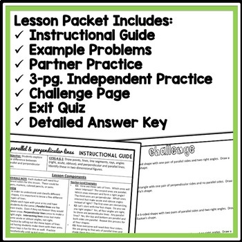 Parallel & Perpendicular Lines, 4th Grade Geometry Lesson Packet & Quiz