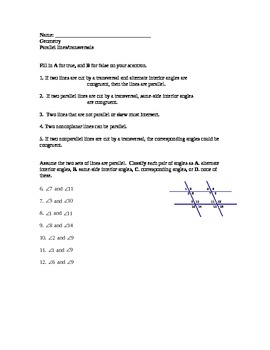 Preview of Parallel lines and angles formed by transversals Scantron Quiz