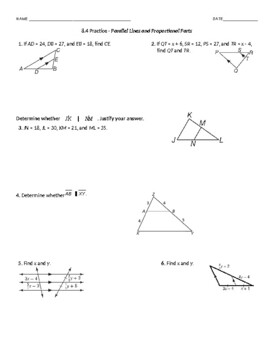 Parallel lines and proportional parts worksheet by Varsity Algebra