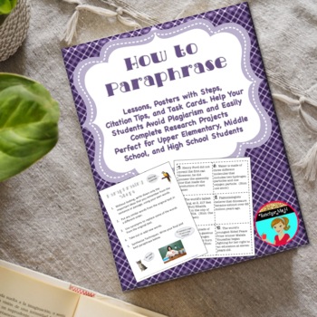 Preview of Paraphrasing Lesson, Poster, Task Cards, and Steps to Avoid Plagiarism