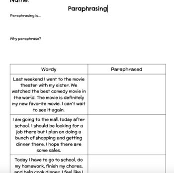 Preview of Paraphrasing Lesson Worksheet FREEBIE!!!