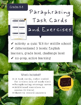 Preview of No-prep Paraphrasing: Task Cards & Practice/Quiz Differentiated Informational