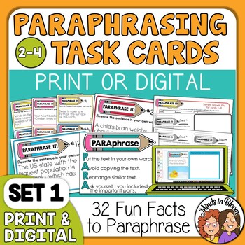 Preview of Paraphrasing Task Cards - Paraphrase Activity Beginners Anchor Chart & Practice
