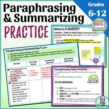 Preview of Paraphrasing and Summarizing Practice Activity | Digital