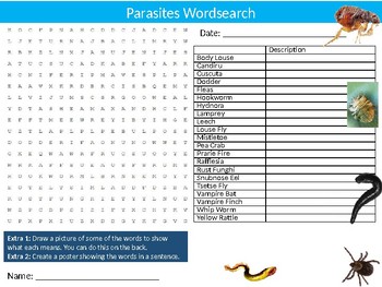 Parasites Animal Wordsearch Puzzle Sheet Keywords Biology Creatures
