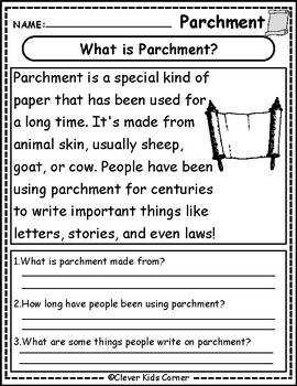Preview of Parchment Reading Comprehension Passages and Questions for K-2 | Parchment Day