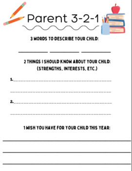 Preview of Parent 3-2-1 Get To Know Your Student Back To School