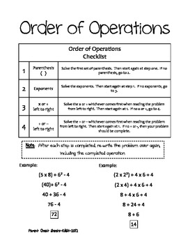 Preview of Parent Cheat Sheet--Order of Operations