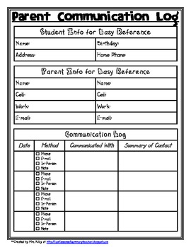 Printable Parent Teacher Communication Log Template