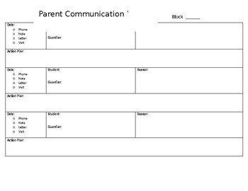 Preview of Parent Communication/Action Log