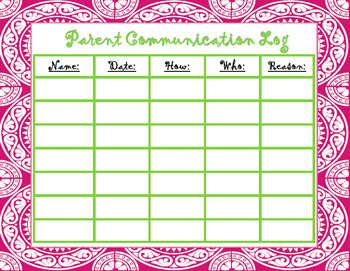 Preview of Parent Communication Log Pink and Green