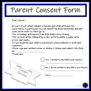 Preview of Parent Consent Form for Summer PG Movie Marathon
