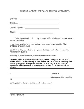 Preview of Parent Consent for Outdoor activities